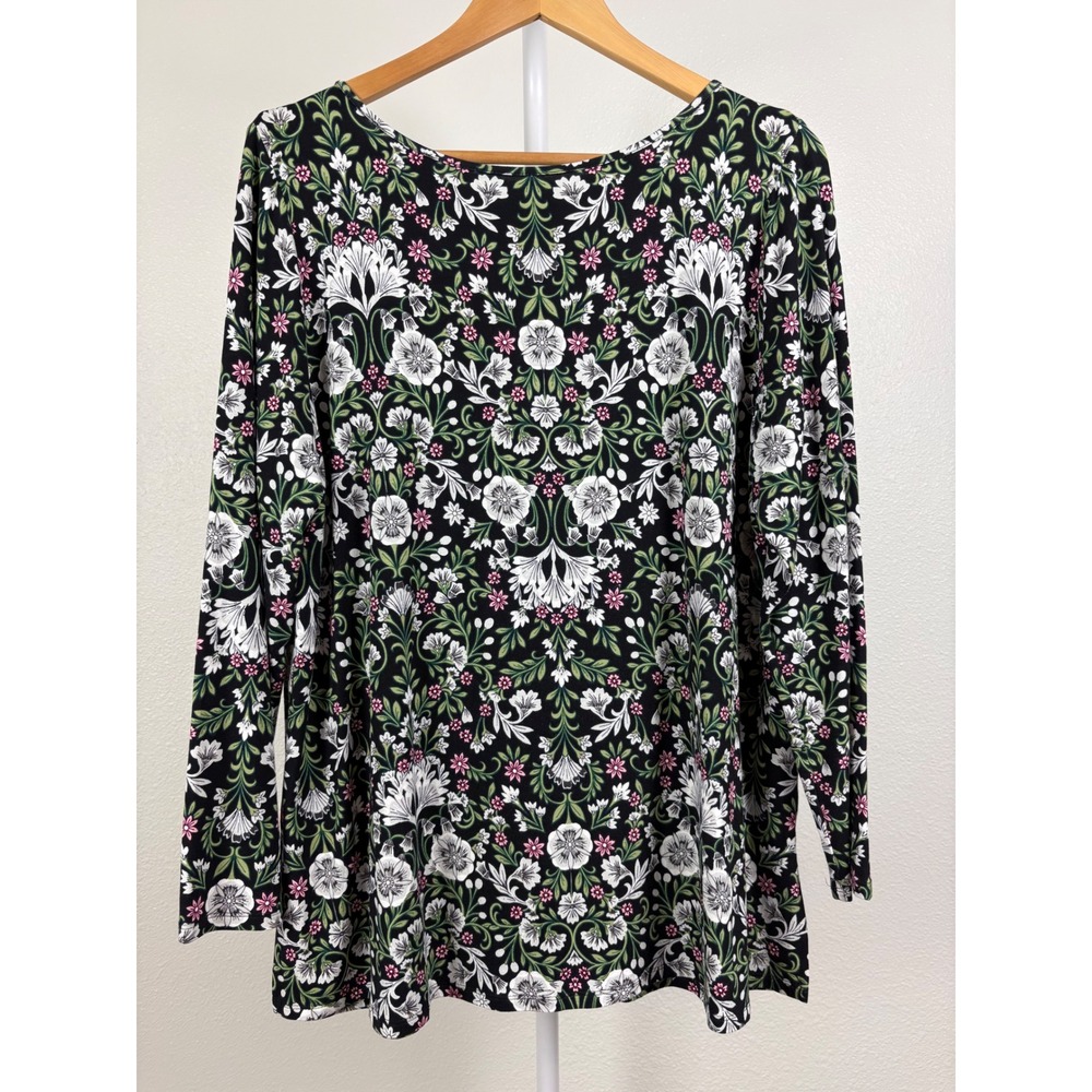 J. Jill Wearever Floral Damask Long Sleeve Top Black Pink XL Petite